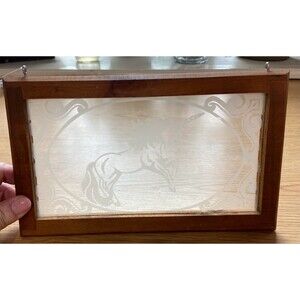 Vintage etched unicorn glass wood hanging 80s